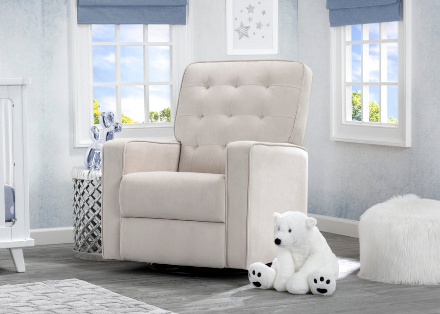 Beige recliner chair in a nursery with a white teddy bear and decorative items. 7-Gavin Nursery Glider Swivel Recliner Featuring LiveSmart Fabric by Culp