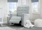 Gray recliner chair in a nursery with a teddy bear and crib. 12-Gavin Nursery Glider Swivel Recliner Featuring LiveSmart Fabric by Culp