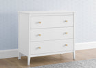 White dresser with three drawers against a light blue wall. 11-Casey 3 Drawer Dresser with Interlocking Drawers