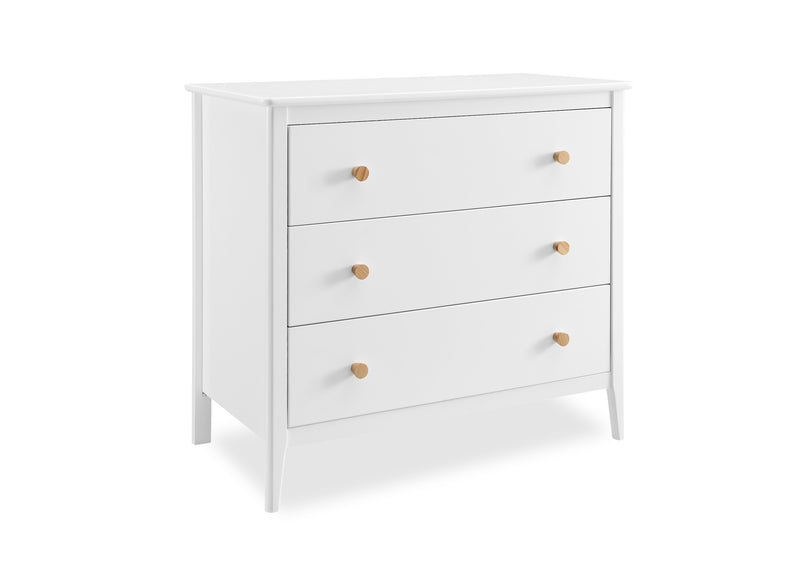White dresser with four drawers and gold knobs on a white background 7-Casey 3 Drawer Dresser with Interlocking Drawers