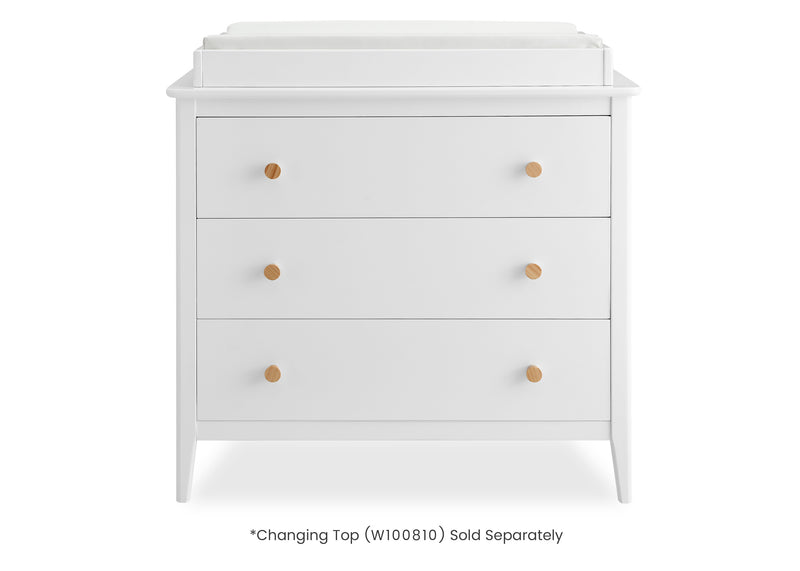 White dresser with gold knobs on a white background 8-Casey 3 Drawer Dresser with Interlocking Drawers