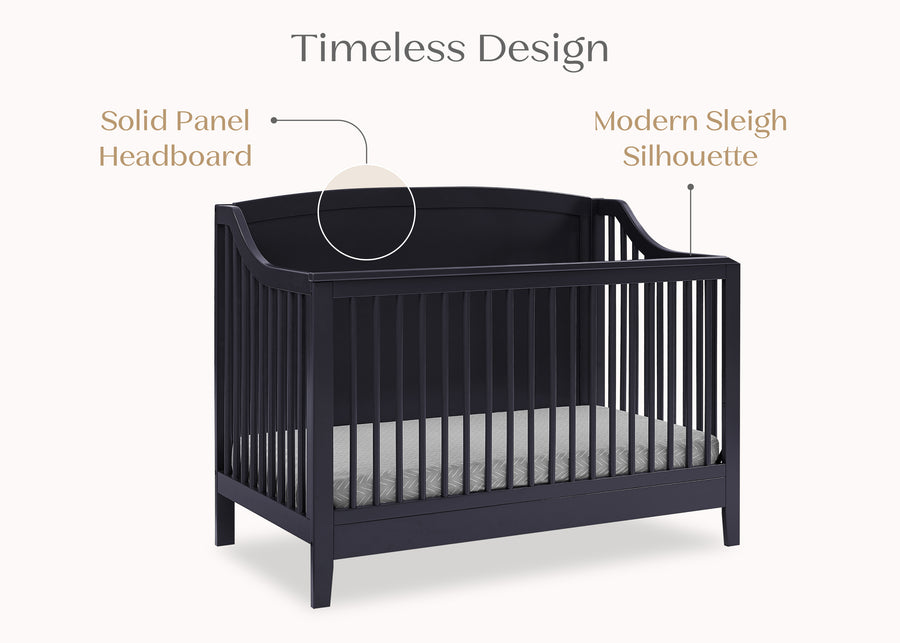 Black crib with features highlighted on a white background 31-Campbell 6-in-1 Convertible Crib