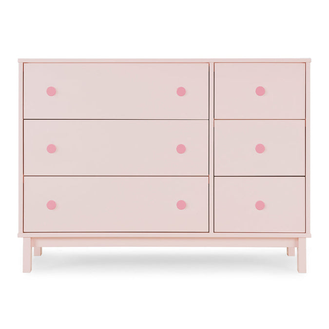 Pink dresser with four drawers and pink knobs on a white background 16-babyGap Legacy 6 Drawer Dresser with Interlocking Drawers