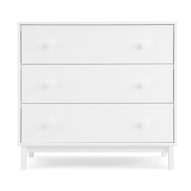 White dresser with three drawers on a white background