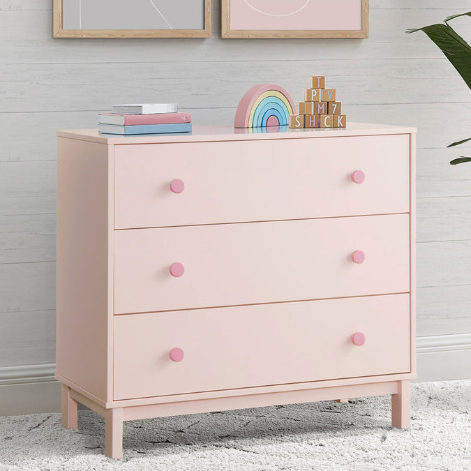 Pink dresser with colorful knobs in a room setting 16-babyGap Legacy 3 Drawer Dresser with Interlocking Drawers