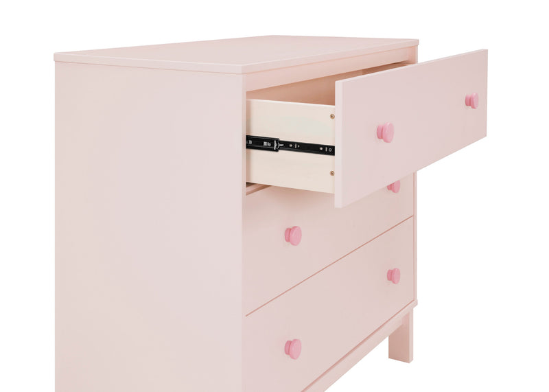 Pink dresser with open drawer on a white background