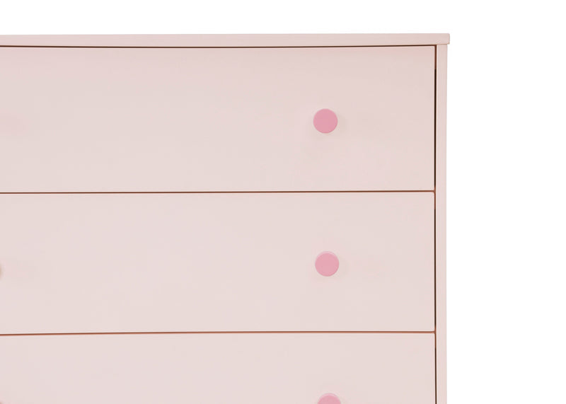 Pink dresser with three drawers on a white background