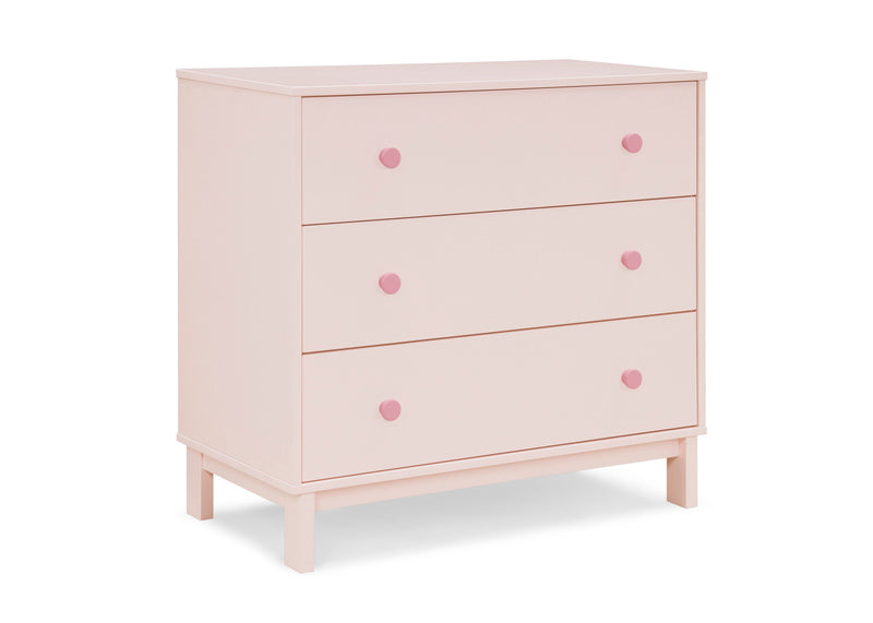 Pink dresser with three drawers on a white background
