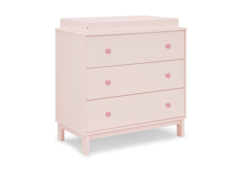 Pink dresser with heart-shaped knobs on a white background