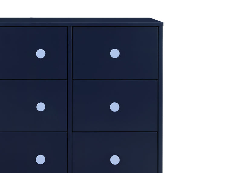 Navy blue dresser with six drawers and circular handles on a white background 19-babyGap Legacy 6 Drawer Dresser with Interlocking Drawers