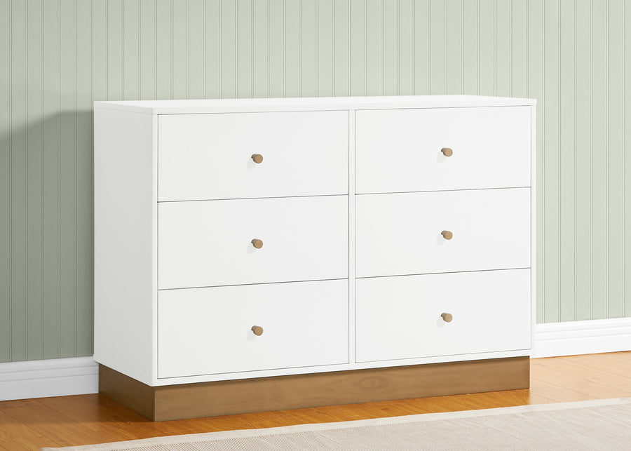 White dresser with wooden base against a striped wall. 10-James 6 Drawer Dresser with Interlocking Drawers