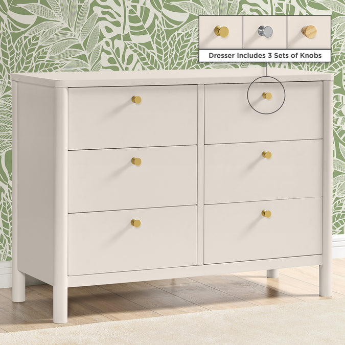 White dresser with gold knobs against a green leafy wallpaper background 45-Brooks 6 Drawer Dresser with Interlocking Drawers