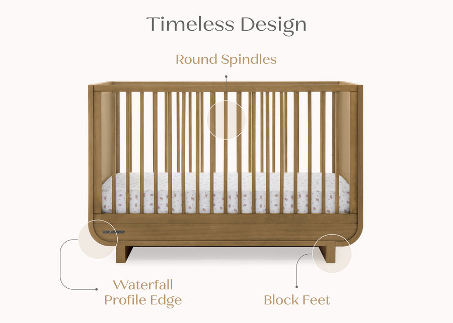 Wooden crib with features highlighted on a white background 26-Rhodes 4-in-1 Convertible Crib