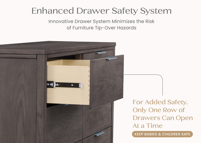 A dark brown wooden dresser with one drawer open, shown with marketing text about the 'Enhanced Drawer Safety System' and a note that only one drawer can open at a time.