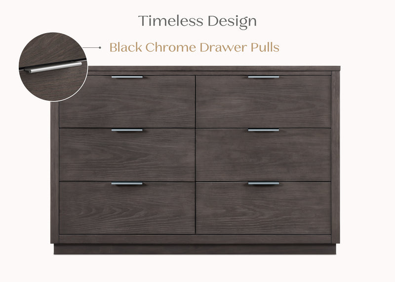 A six-drawer dresser in a dark brown woodgrain finish with slim silver handles, shown on a white background with text reading 'Timeless Design' and a circular inset highlighting 'Black Chrome Drawer Pulls'.