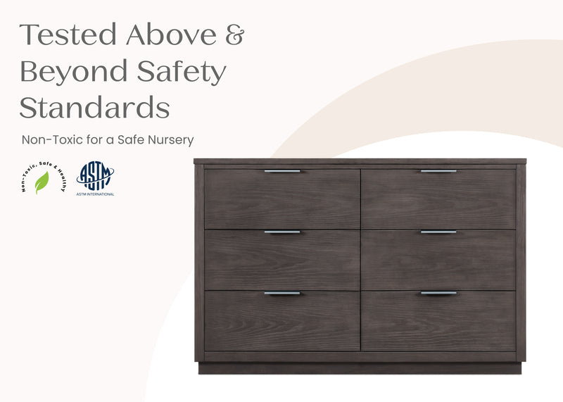 A six-drawer wooden dresser in a dark brown finish with silver handles, shown against a light beige background with promotional text and certification logos on the left.
