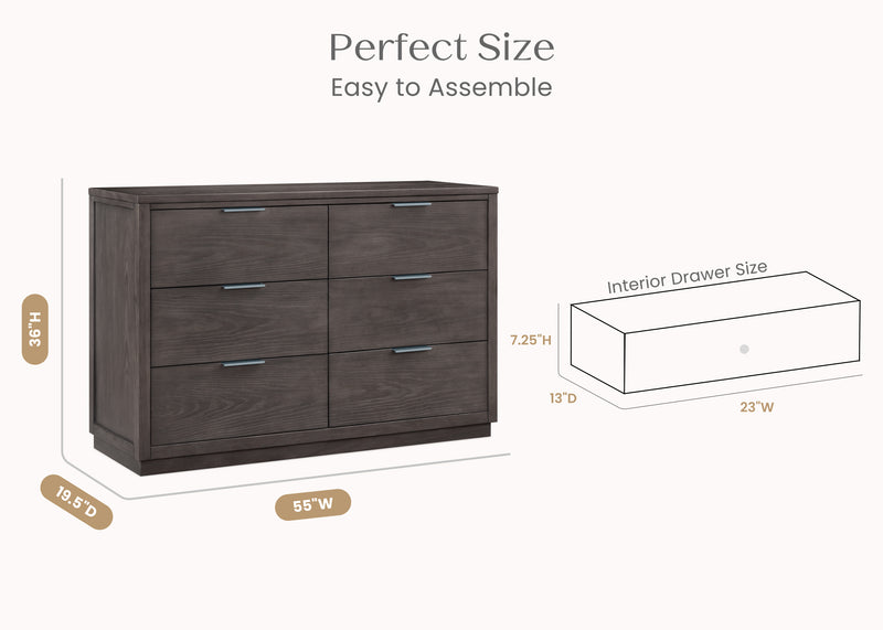 Dark brown wood dresser with six drawers, shown with dimension labels indicating 85" width, 19.5" height, and 15.