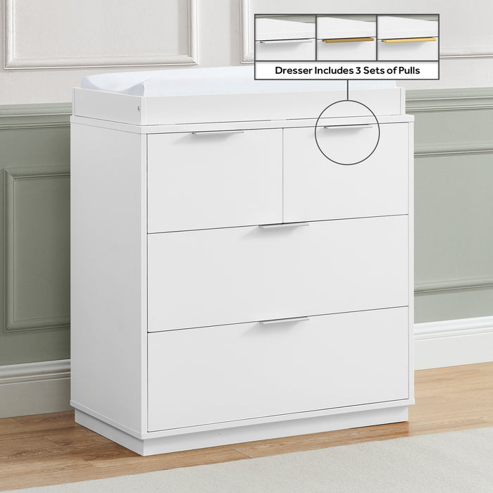 White dresser with three drawers in a room setting 3-Forever 4 Drawer Dresser with Changing Top and Interlocking Drawers - Classic Collection