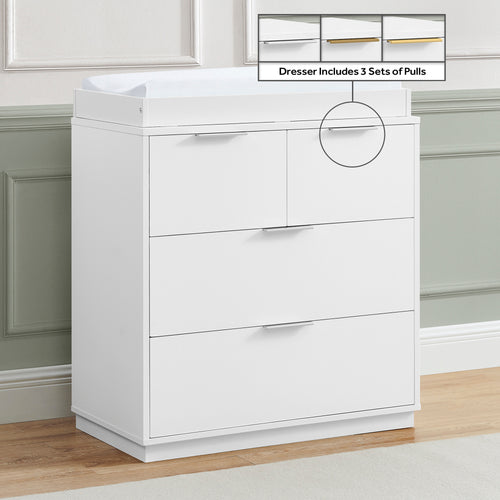 White dresser with three drawers in a room setting