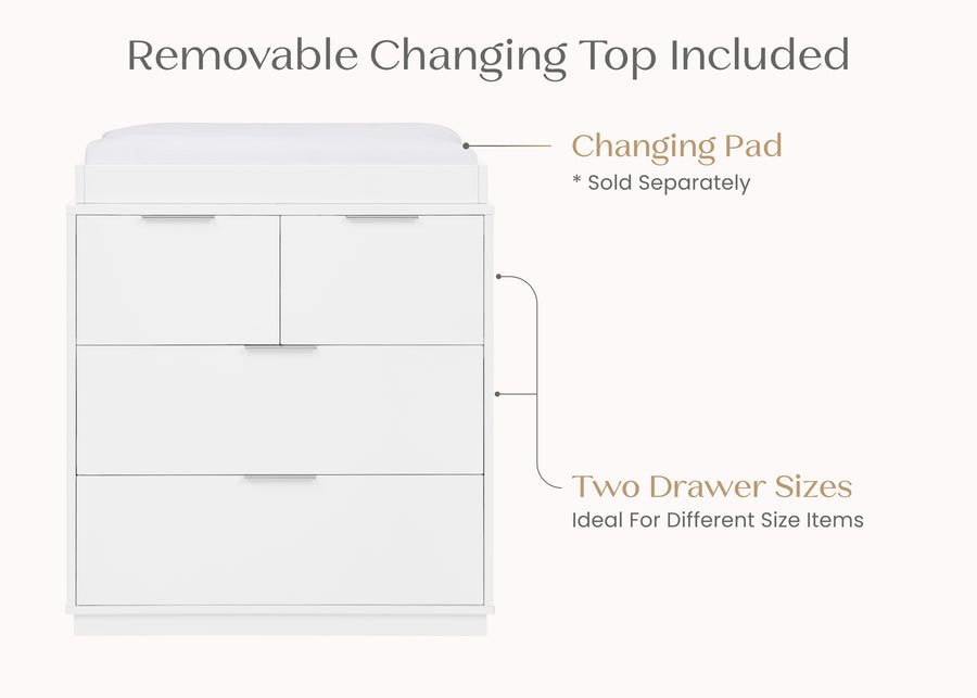 Bianca White (130) 3-Forever 4 Drawer Dresser with Changing Top and Interlocking Drawers - Classic Collection