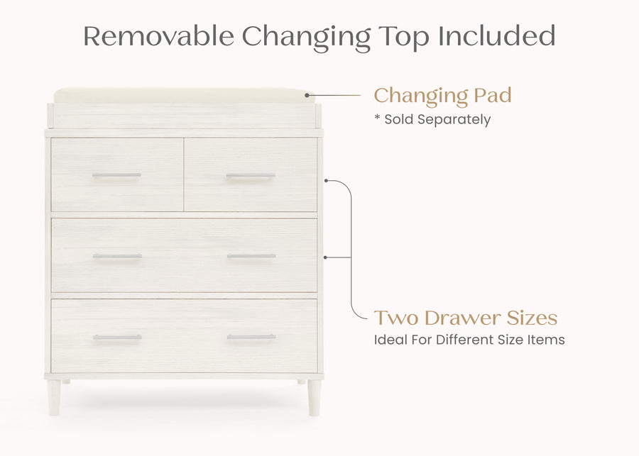 Antique White (1545) 66-Classic 4 Drawer Dresser with Changing Top and Interlocking Drawers