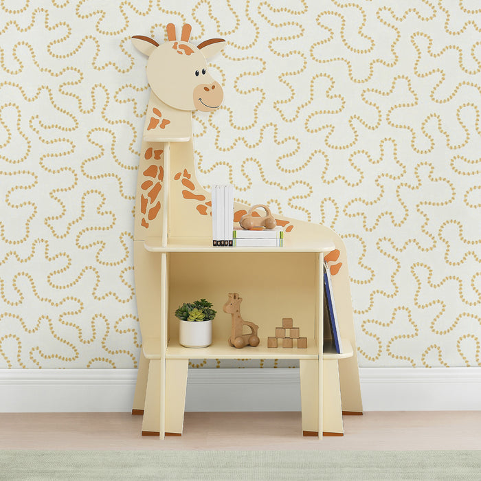 Children's bookcase designed with a giraffe motif, featuring six shelves and placed against a wall with giraffe patterned wallpaper. 0-Giraffe Bookcase