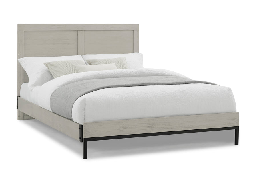 Bed with light gray headboard and white bedding on a white background 33-Foundry 6-in-1 Convertible Crib