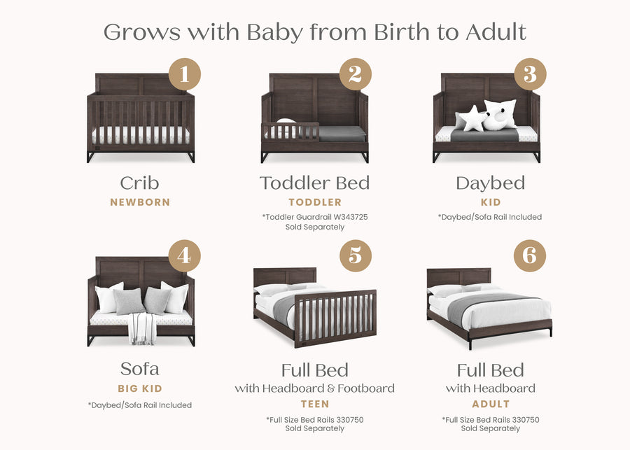 Rustic Grey with Matte Black (1469) 3-Foundry 6-in-1 Convertible Crib