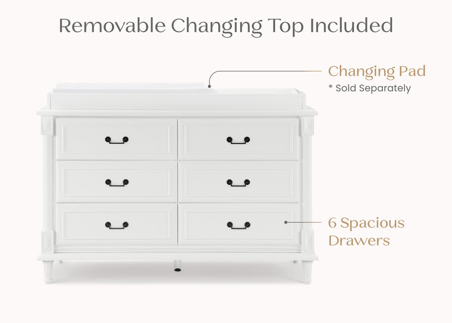 Bianca White (130) 3-Juliette 6 Drawer Dresser with Changing Top and Interlocking Drawers