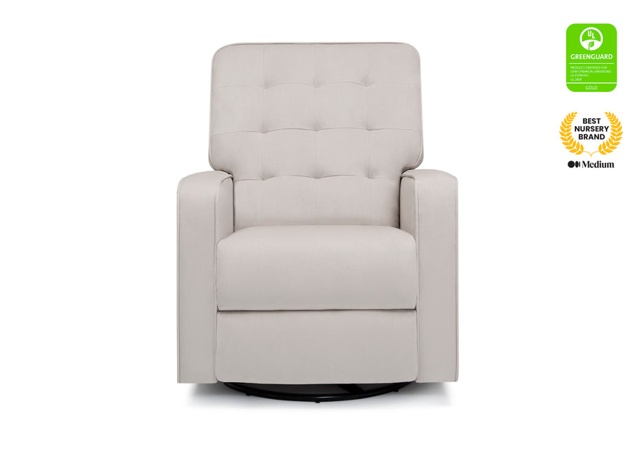 Gray recliner chair on a white background with GreenGuard and Best Nursery Medium labels. 11-Gavin Nursery Glider Swivel Recliner Featuring LiveSmart Fabric by Culp