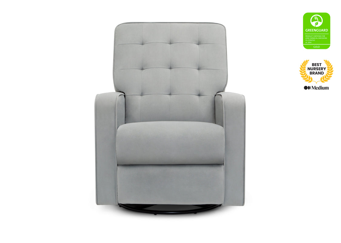 Gray recliner chair with GreenGuard certification badge on a white background