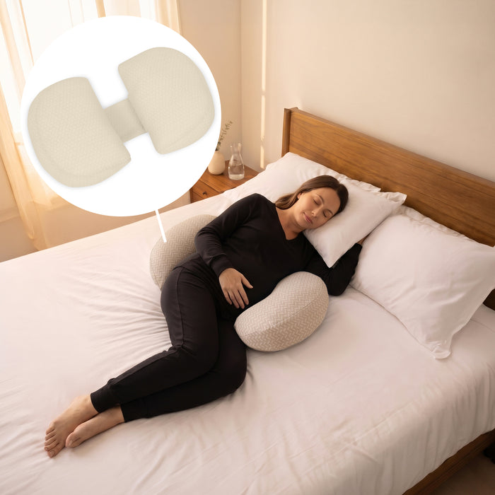 A woman sleeping on a bed using a beige contoured maternity pillow, with a circular inset showing a close-up of the textured fabric and double side design. 3-Pregnancy Support Wedge Pillow