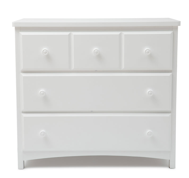 White dresser with four drawers on a white background