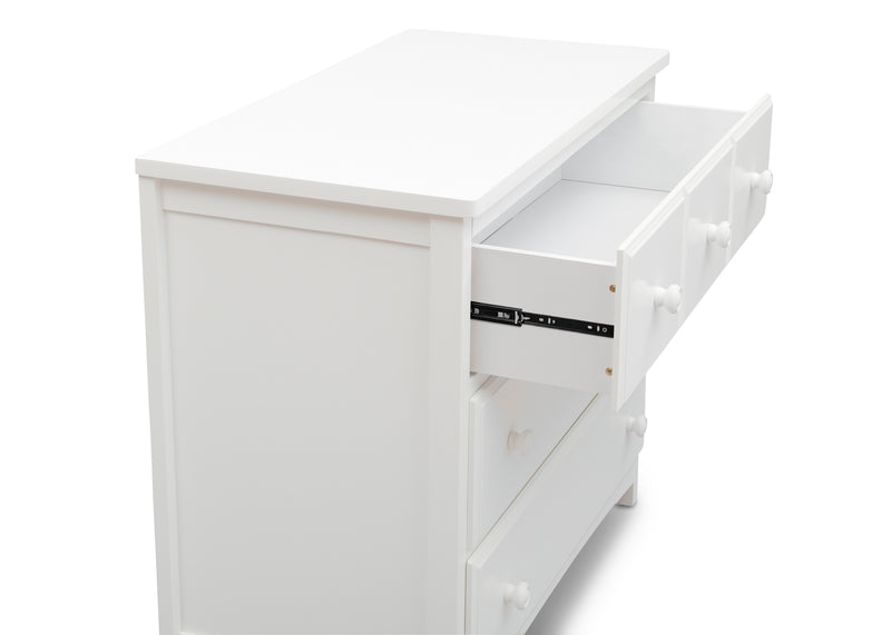 White wooden bed with a drawer open on a white background 21-3 Drawer Dresser with Interlocking Drawers