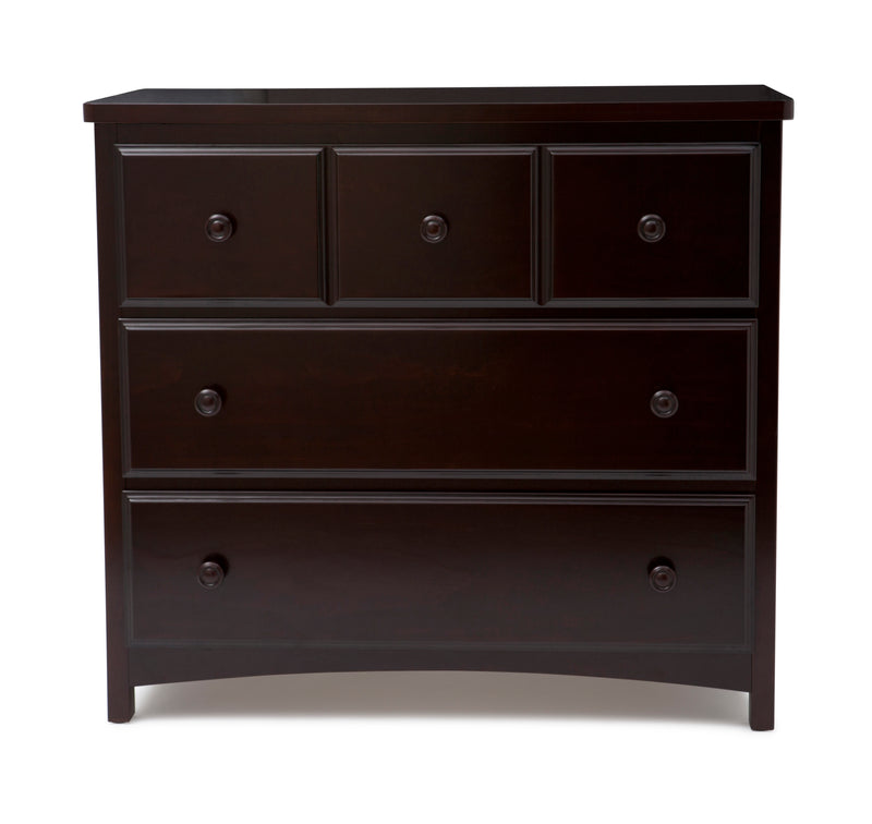 Dark brown dresser with four drawers on a white background