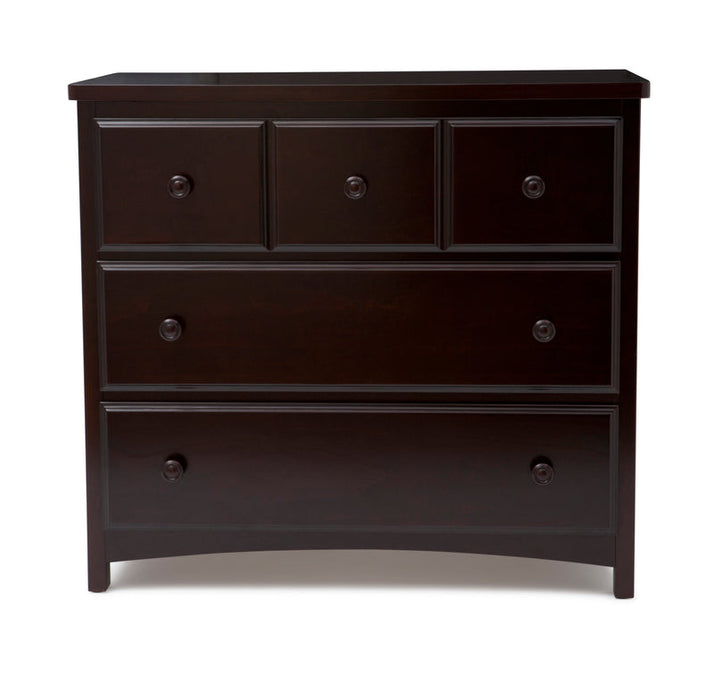 Dark brown dresser with four drawers on a white background 17-3 Drawer Dresser with Interlocking Drawers