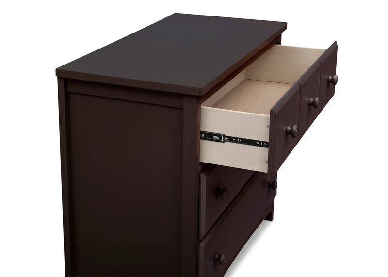 Dark brown wooden dresser with open drawer on a white background 19-3 Drawer Dresser with Interlocking Drawers