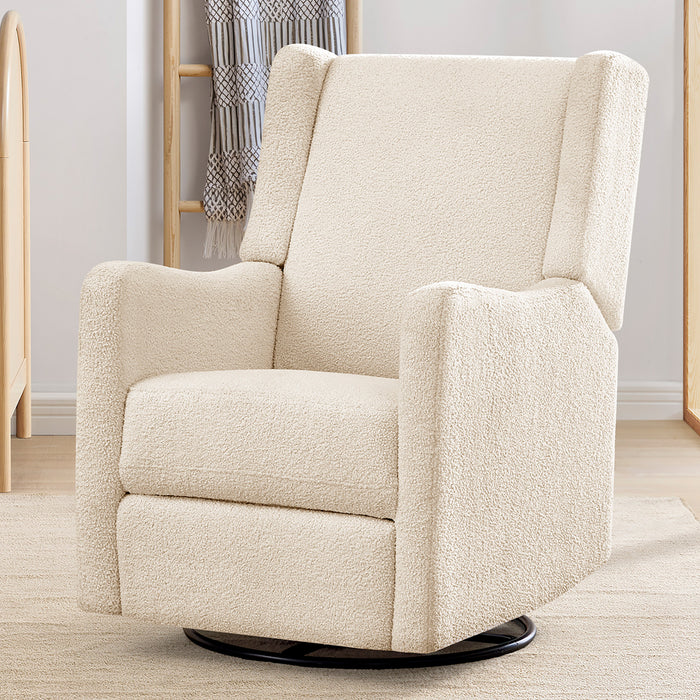 Beige armchair in a room with a wooden ladder and striped blanket. 1-Mercer Electronic Power Recliner and Swivel Glider with USB-A and Type-C Ports in Stain-Resistant Performance Fabric