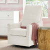 White recliner chair with a pink blanket in a room with a dresser and window. 15-Andie Boucle Nursery Glider Swivel Chair