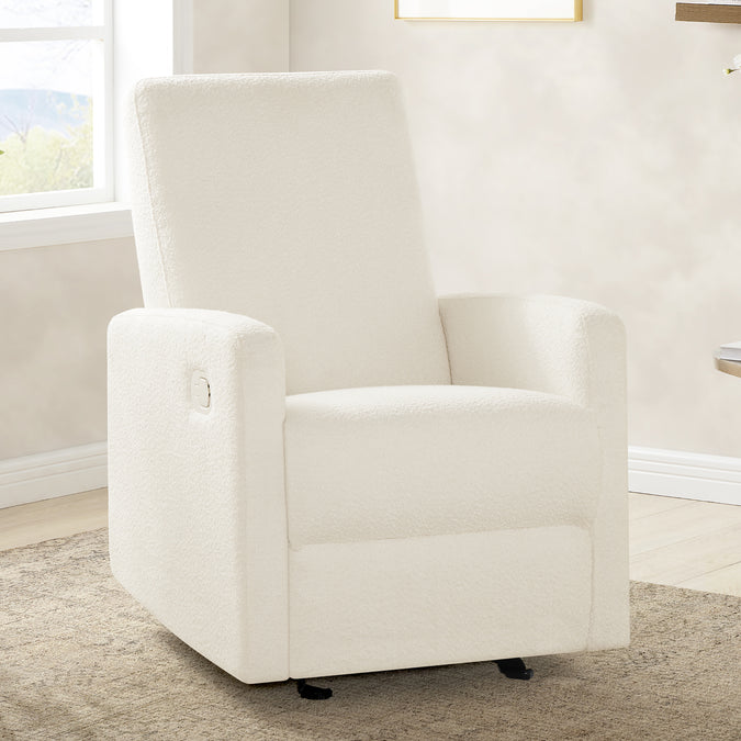 White recliner chair in a room with a window and carpeted floor. 8-Dove Manual Recliner Chair