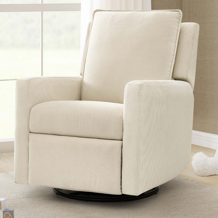 Beige swivel chair in a room with light-colored walls and carpet. 0-babyGap Harlowe Power Recliner and Swivel Glider with USB-A and Type-C Ports in Stain-Resistant Performance Fabric