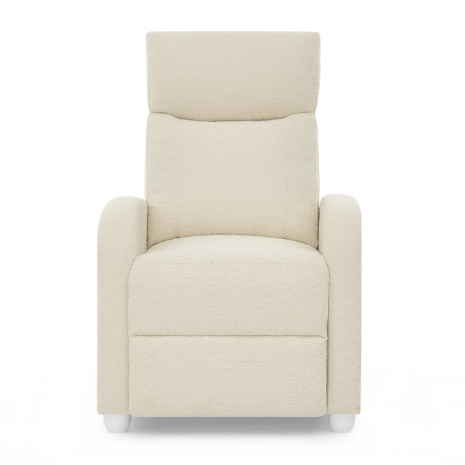 A cream-colored upholstered armchair with a high back, wide armrests, and a textured bouclé fabric, shown against a plain white background. 12-Riley Pushback Stationary Recliner