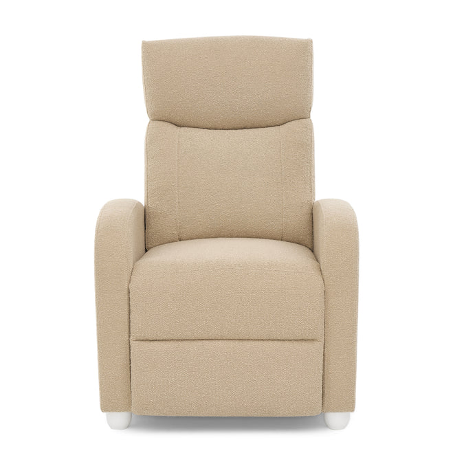 A beige upholstered armchair with a high back, wide armrests, and small white feet, shown against a plain white background. 26-Riley Pushback Stationary Recliner