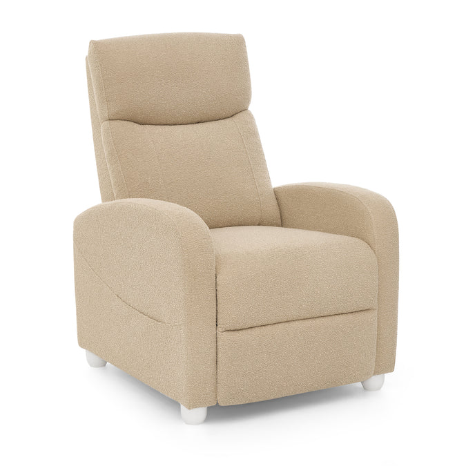 A beige upholstered recliner chair with rounded arms, a high backrest, and small white feet, shown on a clean white background. 27-Riley Pushback Stationary Recliner