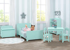 Children's room with mint green furniture including a bed, table, and chairs. 17-MySize Toddler Bed