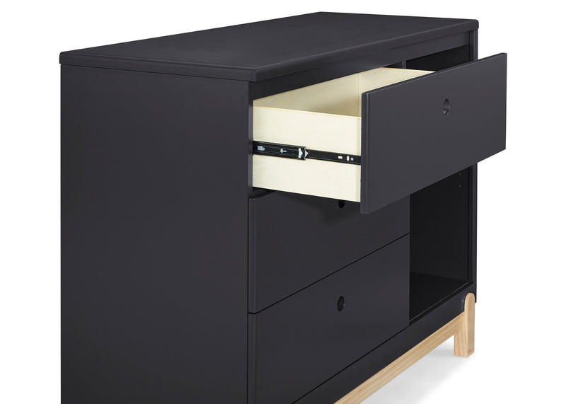 Black dresser with open drawer on a white background 7-Poppy 3 Drawer Dresser with Cubbies