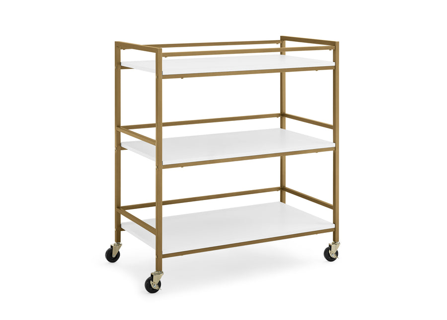 Gold-framed rolling cart with white shelves on a white background 5-Jade Changing Table