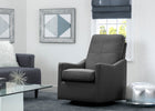 Gray recliner chair in a modern living room with a glass coffee table and decorative items. 16-Kenwood Nursery Glider Swivel Rocker Chair