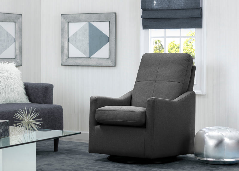 Gray recliner chair in a modern living room with a glass coffee table and decorative items. 16-Kenwood Nursery Glider Swivel Rocker Chair