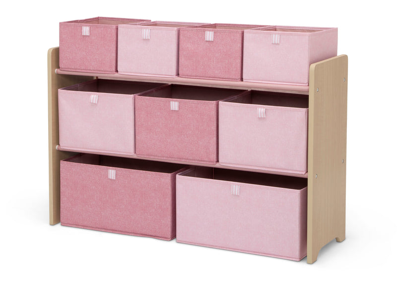 Storage unit with pink bins on a white background